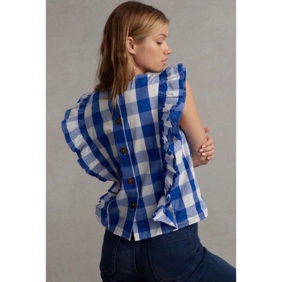 NWT ANTHROPOLOGIE WHIT TWO CASCADE RUFFLED BLOUSE IN BLUE - Picture 5 of 9